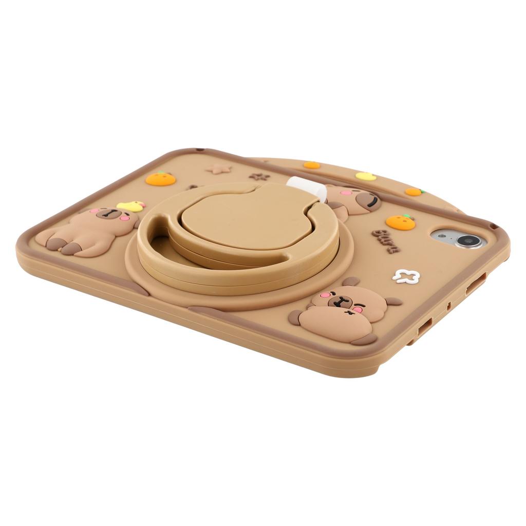 For iPad Mini (2024)/(2021) Silicone Case with Handle 360 Degree Rotating Kickstand Protective Cover Capybara Pattern