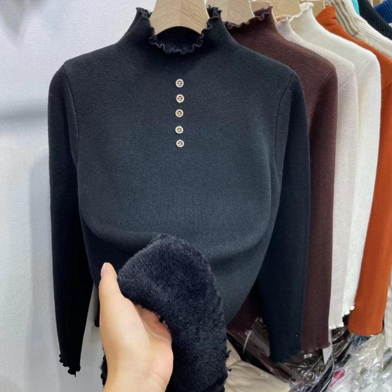 Fungus lace collar fleece thickened knitted bottoming shirt women's autumn and winter new fashion integrated fleece pullover sweater