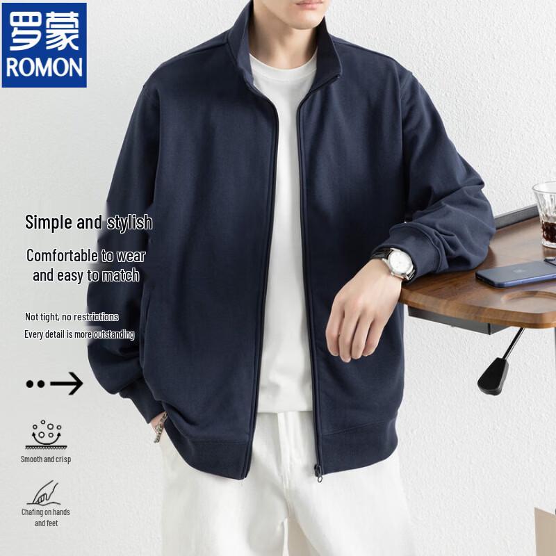 ROMON Men's Spring/Autumn Full-Zip Stand-Collar Cotton Blend Casual Jacket