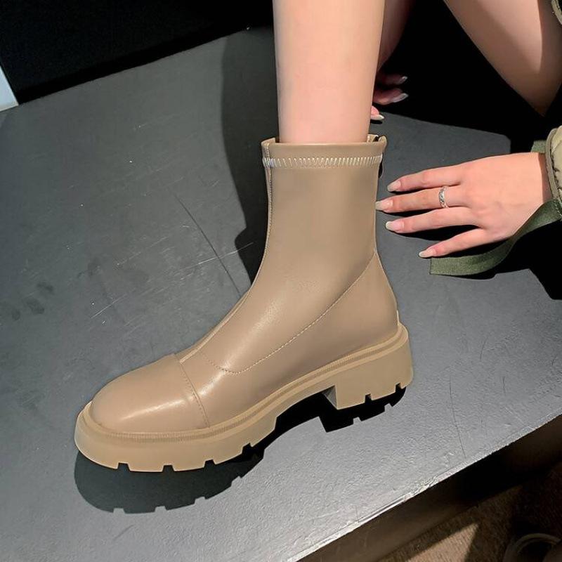 Autumn and Winter Women's Round Head Leather Martin Boots Solid Color Medium Heel Large Size Women's Boots Square Heel Comfortable Back Zipper Medium