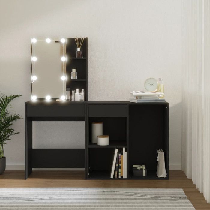 VidaXL LED Dressing Table with Cabinet Black Engineered Wood, Dressing Table with Mirror, Dressing Table with Lights, Dressing Table with 3082018