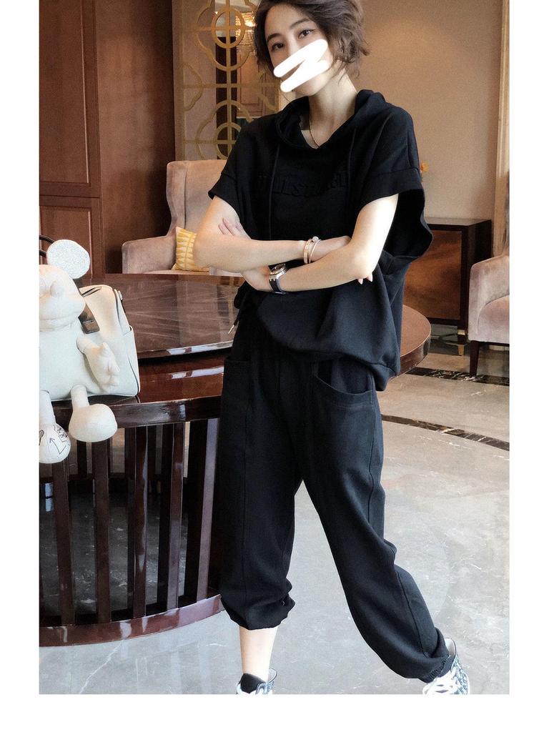 Women's Korean Style Summer Hooded Short-Sleeve Sweater and Casual Harem Pants Two-Piece Set