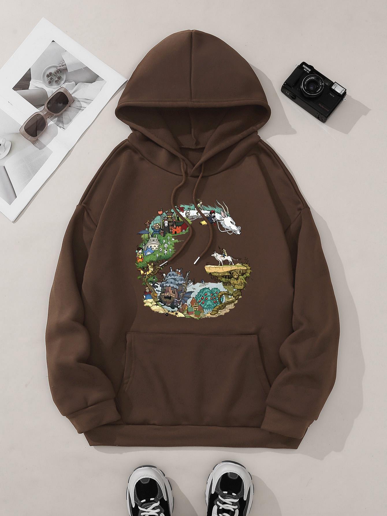 Женская повседневная модная свободная спортивная толстовка с капюшоном с принтом мультфильмов S шоколадный 2818₽