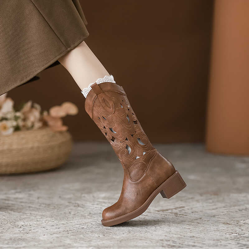 Leather hollow embroidery western cowboy boots women's 2025 new retro wind desert summer boots brown medium boots