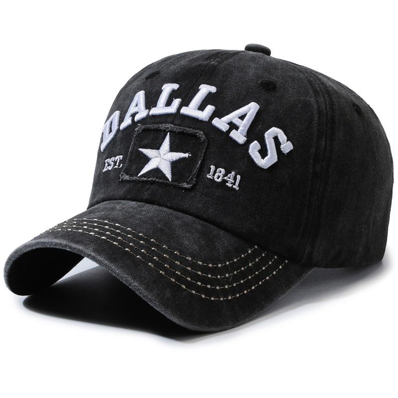 Vintage Washed Denim 6 Panel Star Frayed Patch Embroidery Curved Brim Adjustable Casual Baseball Cap