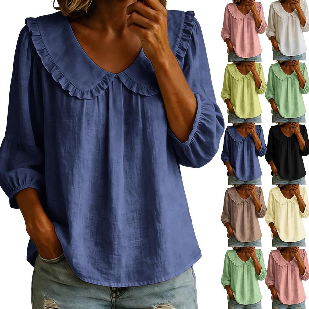 Women's Casual Solid Color Blouse Ruffle Trim Top Long Sleeve Loose Fit Shirt Lightweight Comfortable Fabric