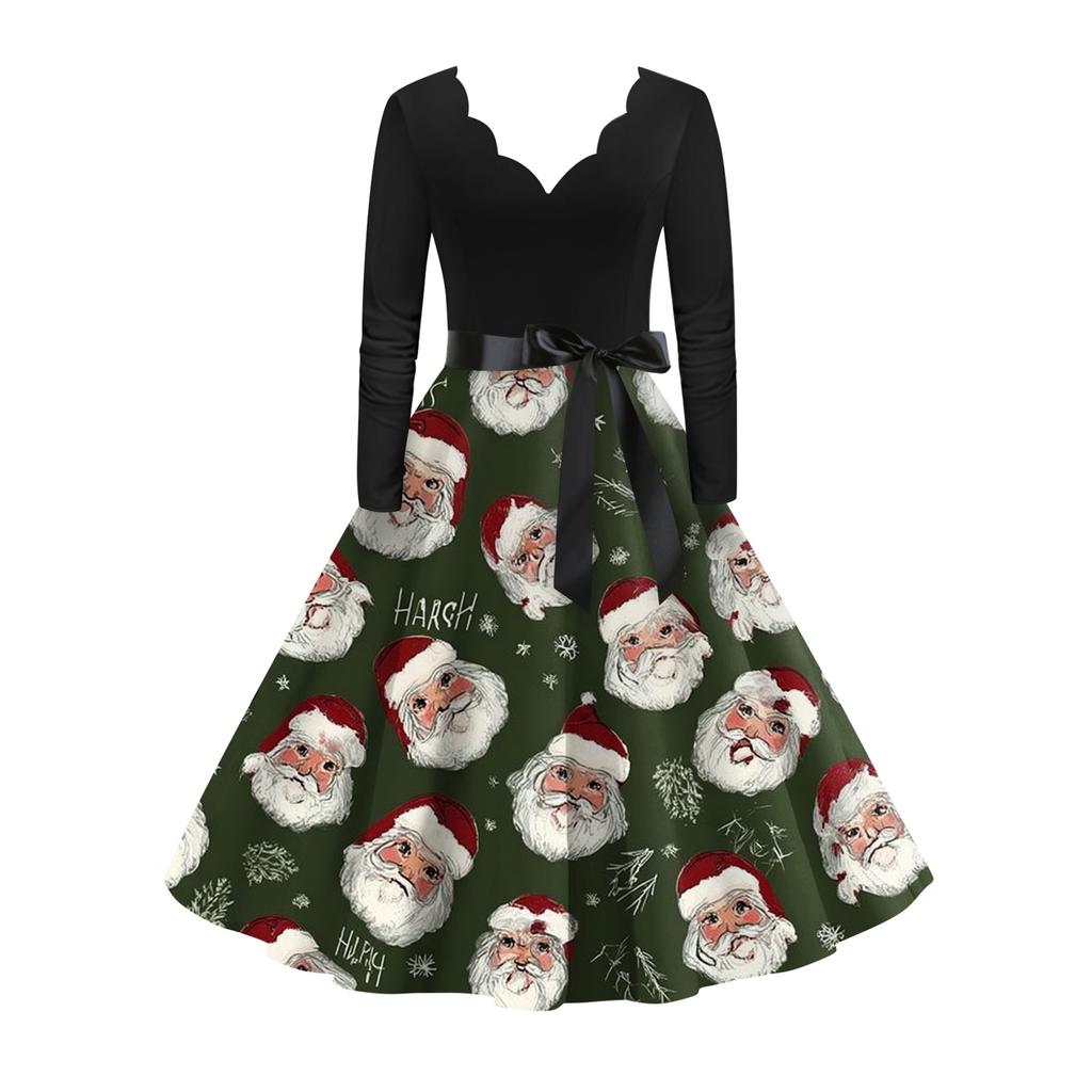 Women's Fashion Elegant Autmn and Winter Long Sleeve V-Neck Christmas Print Dress