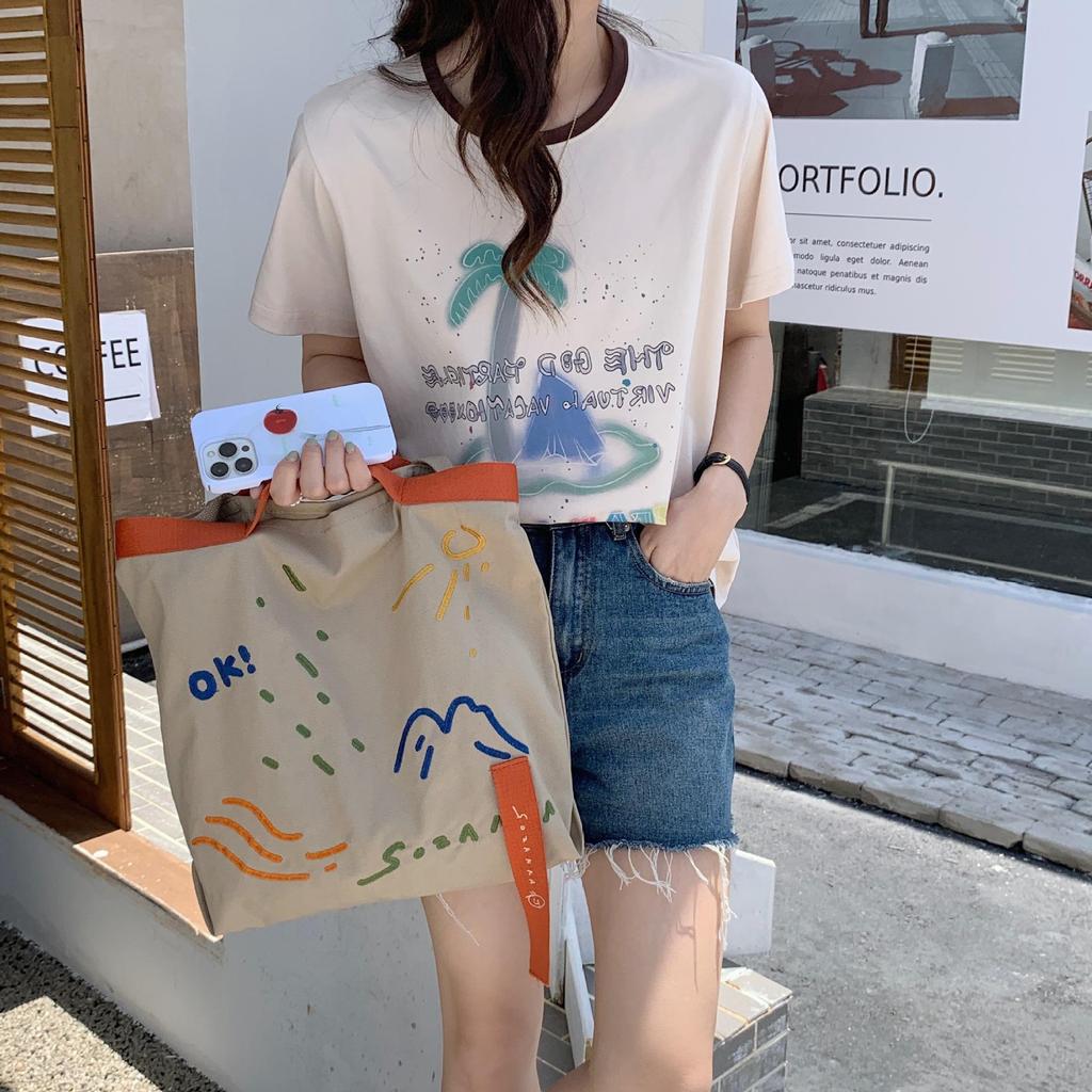 Women Color Contrast Weave Belt Canvas Shoulder Bag Embroidered Large Capacity Student Tote Bag