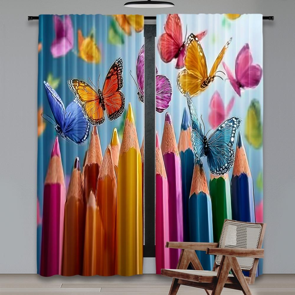 Flat Printing Window Treatment Curtains Colorful Butterflies Pencils Digital Printed Polyester Drapes Family Party Curtain Set Of 2 Made Washable