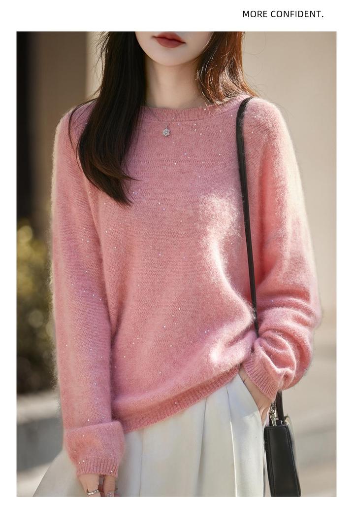Red Sequined Double-Strand Brushed Wool Sweater - Autumn/Winter Korean Style, Soft Knitwear for Women