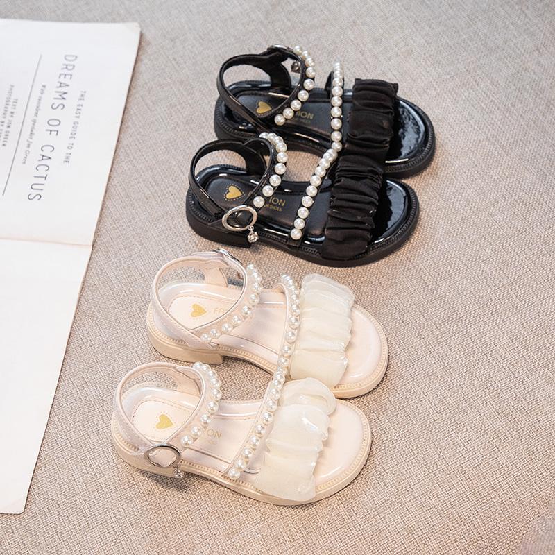 Girls Princess Sandals with Pearls Children Leather Sandals for Party Wedding Fashion Kids Performance Shoes Anti-Slippery