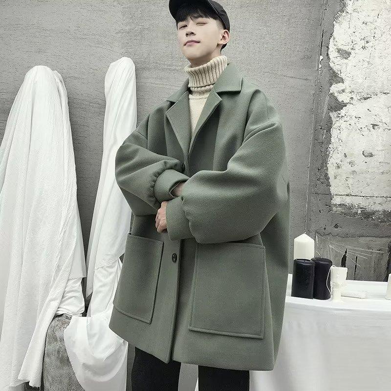 

Trendy Mid-Length Wool Coat - Men s 2025 Loose-Fit Single-Breasted Winter Style L зелений