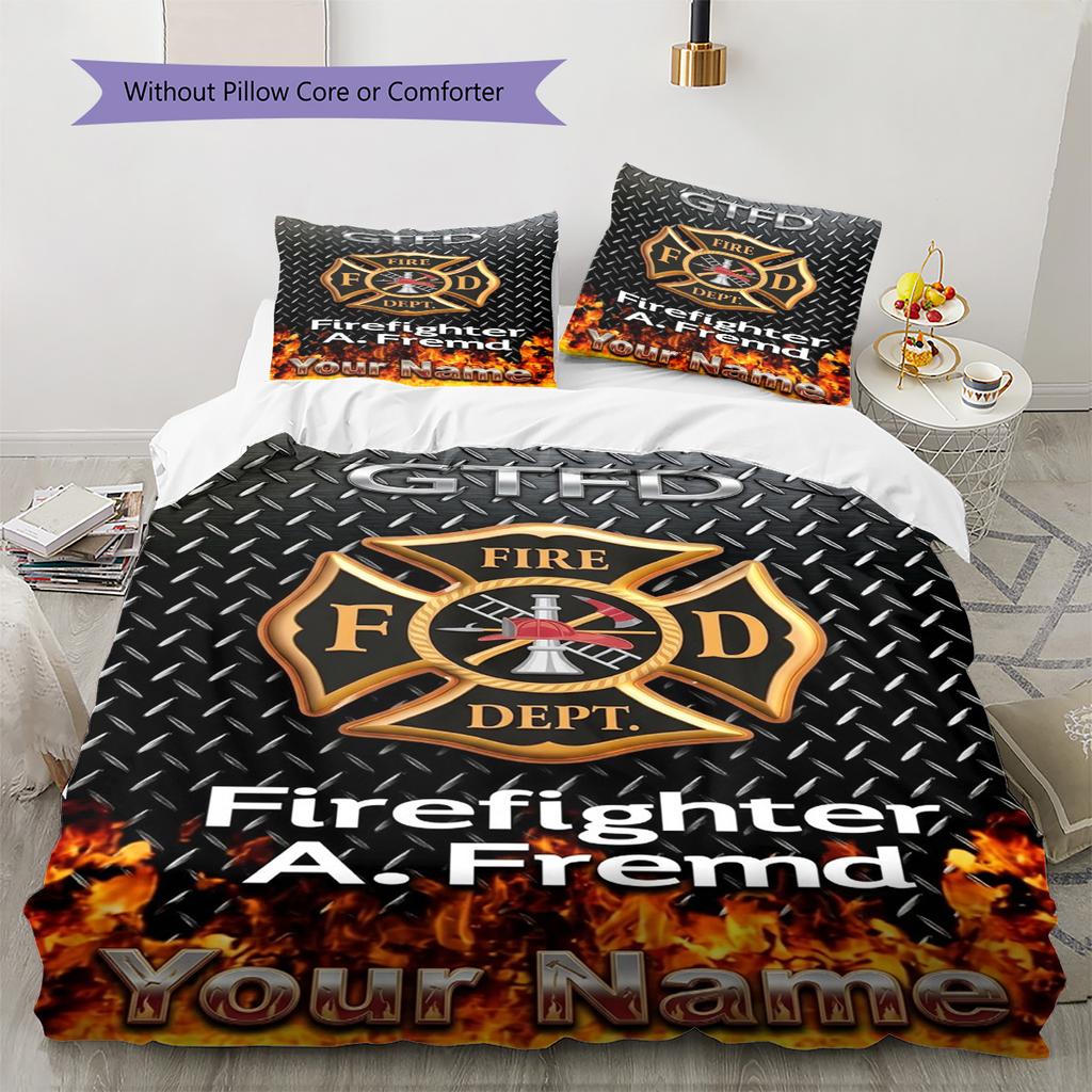 Name Individuell Feuerwehrmann Feuerwehrrettung Muster Bettwäscheset Bettbezug Kissenbezug Heimdekoration Geschenk (1 Bettbezug + 2 Kissenbezüge, ohne Füllung)
