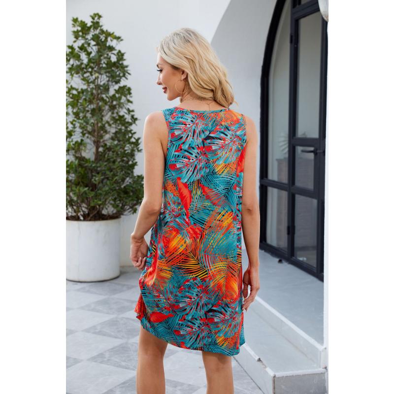 Women's Spring Summer Tropical Print Sleeveless Tank Dress Casual Loose V-Neck Beach Cover Up Dress