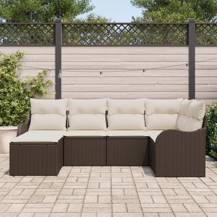 Ensemble de 6 pièces de canapés de jardin avec coussins marron en poly rattan, Canapé de jardin 2 places avec coussins 3345768