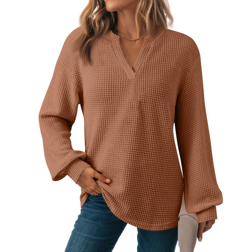 Women's Fashion Long Sleeve  Knit V-Neck Solid Color Casual Top