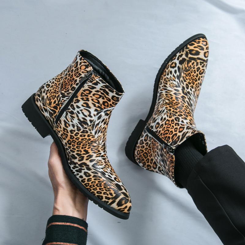Men’s Leopard Print Boots Dress Formal Leather Boots Pointed Toe Shoes Tuxedo Wedding Shoes Plus Size