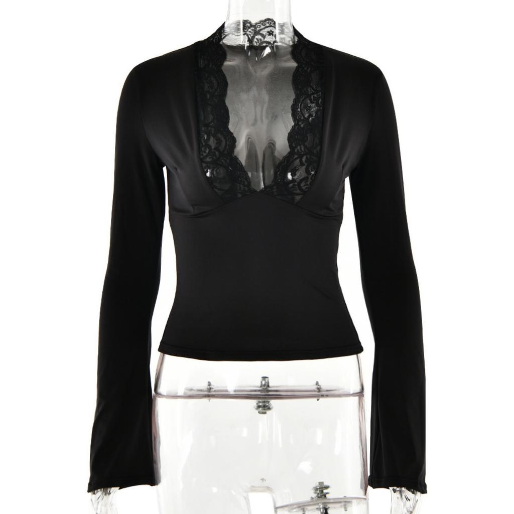 Women's Sexy Long Sleeve Slim Fit V-neck Lace Spliced Basic Top, Popular Casual Blouse for Daily Wear