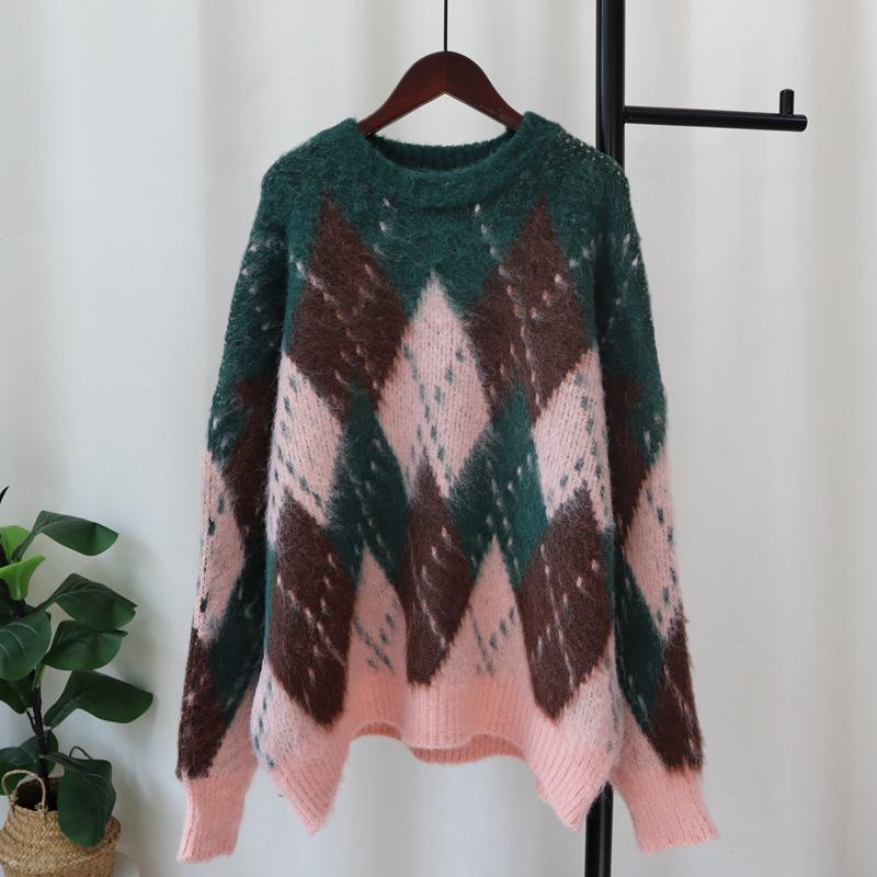 

Осень и зима новый ретро контрастный цвет ромб рождественский свитер пуловер свободный ленивый мягкий восковой вязаный топ женский average size
