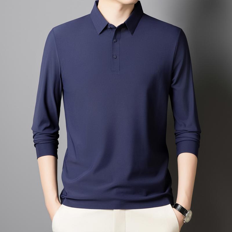 Autumn Ice Silk Markless Long-sleeved T-shirt Men's POLO Shirt New Solid Color Lapel Top