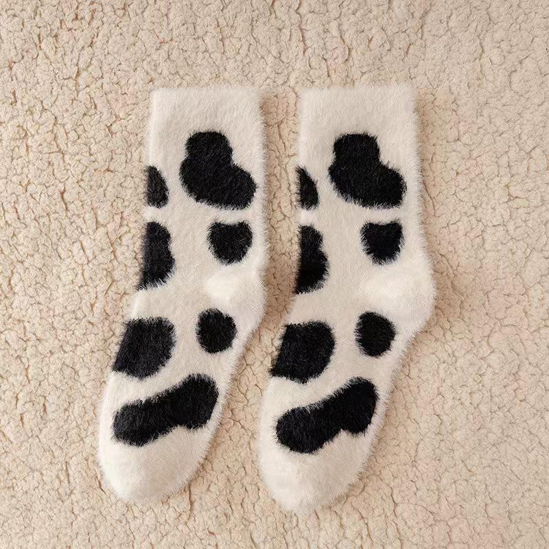 Cute Cow Spots Print Socks Thickened Warm Mink Cashmere Socks Funny Cartoon Animals Socks Comfortable Warm Autumn Winter