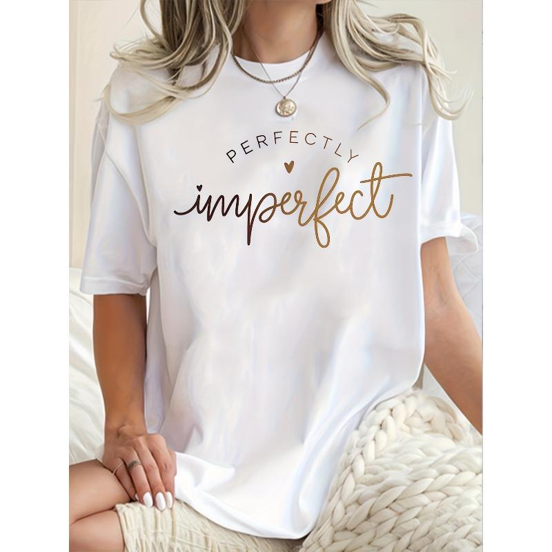 Women Plus Size Oversized "The Perfect Imperfection" Letter Print T-Shirt Round Neck Short Sleeve Loose Fit Spring Summer Fall Casual Top