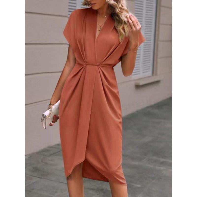 women's Satin V Neck Batwing Short Sleeve Twist Front Wrap Midi Dress Elegant Party Cocktail Dress