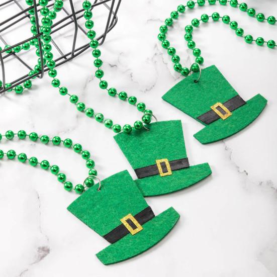 Shamrock Necklace Lucky Clover Green Hat Letters Long Round Beads Saint Patrick's Day Clover Adults Necklace Party Supplies