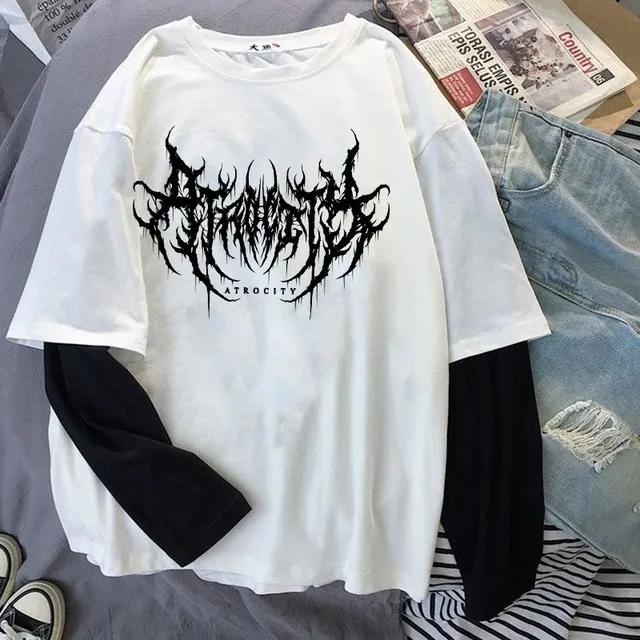 STREETRICH Men and Women Atrocity Print Graphic Fake Two Long Sleeved T-shirts Fashion Gothic Retro Casual Loose Fake Two Long Sleeved T Shirt S белый
