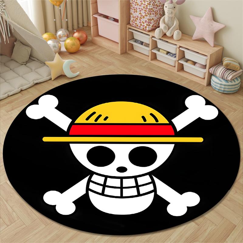 Round Area Carpet One Piece Straw Hat Pirates Jolly Roger Skull Anime Game Room Decor