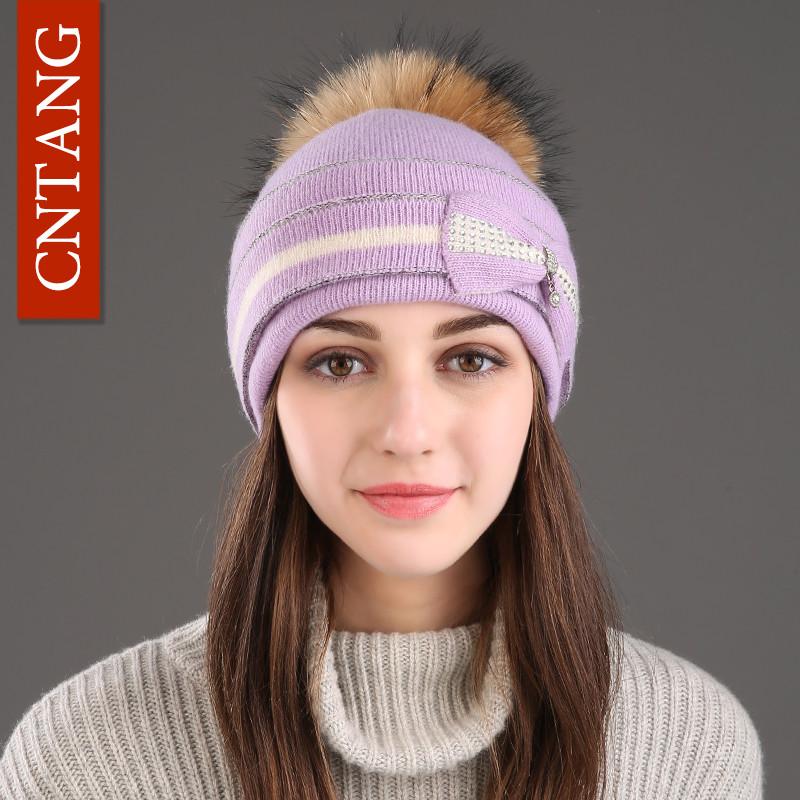Classic Multiple Styles Women Beanie Winter Warm Fashion Raccoon Fur Pompom Hats Knitted Wool Cap Clearance Cheap High Quality