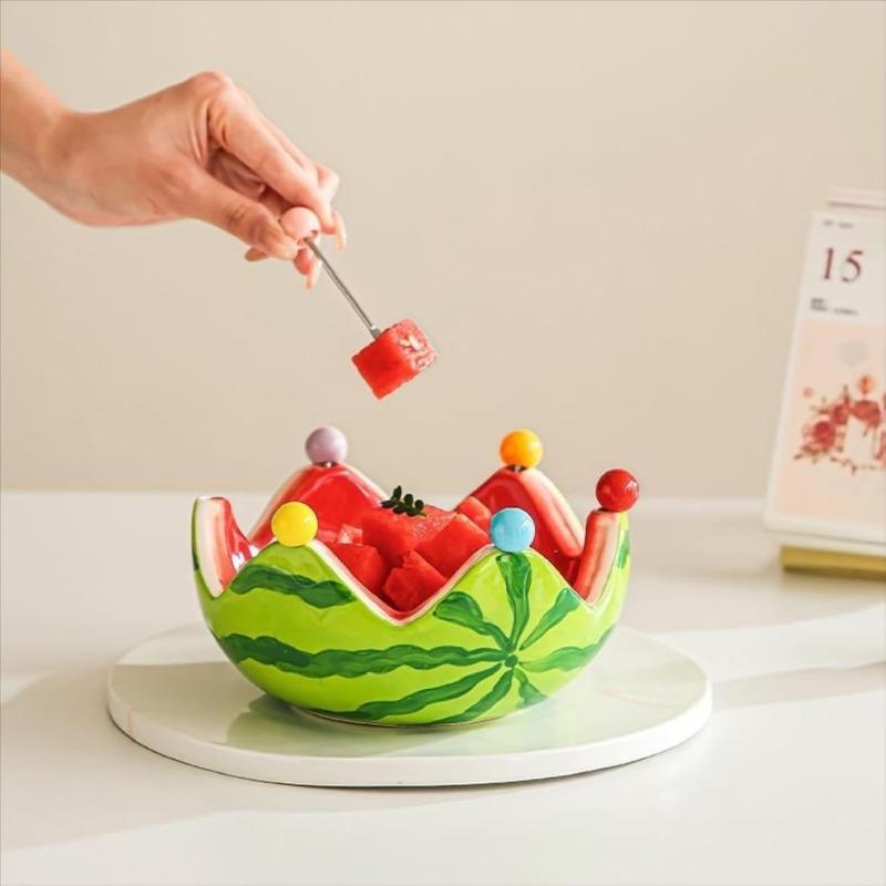 Ceramic Watermelon Snacks Platter Includes 6 Stainless Steel Fruit Forks Tableware For Family Gatherings Barbecues