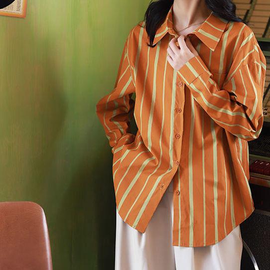 

Женская рубашка с чувством дизайна в ретро-стиле Гонконга. Оранжевые сшитые полосы. Свободная простая рубашка с длинными рукавами. XL