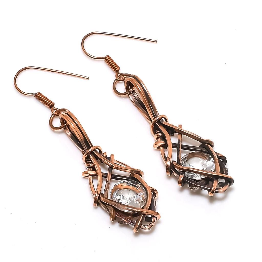 White Topaz 999 Copper Wire Wrapper Earrings, Handmade Gemstone Jewelry Earrings For Memorial Day