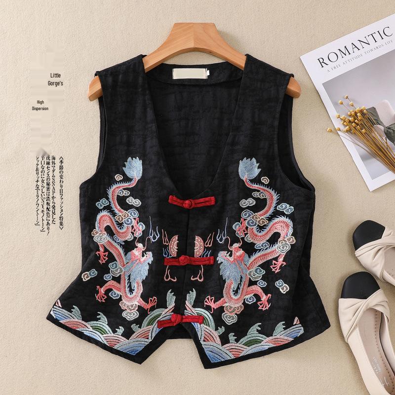 2026 Spring/Summer Retro Ethnic V-neck Embroidered Cotton Linen Sleeveless Vest for Women