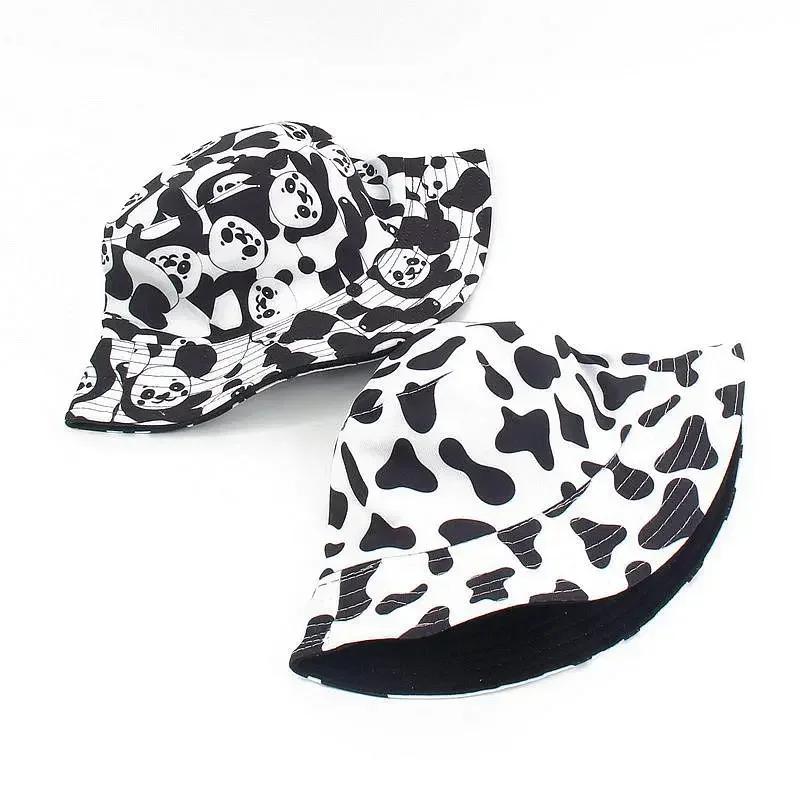 Fashion Hats Decor Double-Side-Wear Reversible Fisherman Hat Cap Cotton Black White Print Foldable Fisherman Hat Accessories