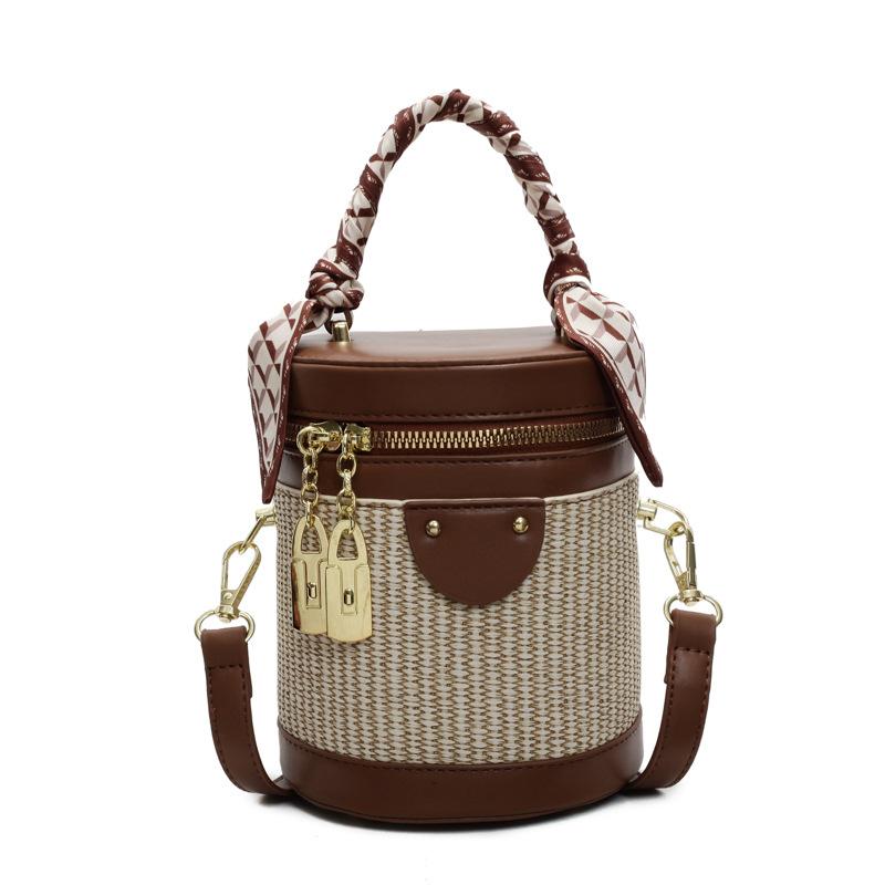 

Temperament contrasting silk scarf portable cylinder bag high sense Korean version casual commuting versatile messenger bag women коричневый