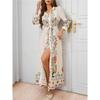 Damen Sommer Maxikleid mit Blumendruck Lässiges lockeres Langarm Hemdkleid mit Knopfleiste, Bindegürtel und Puffärmeln