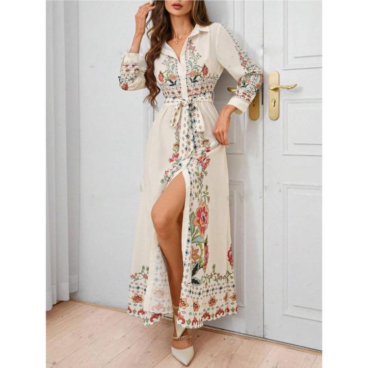 Damen Sommer Maxikleid mit Blumendruck Lässiges lockeres Langarm Hemdkleid mit Knopfleiste, Bindegürtel und Puffärmeln