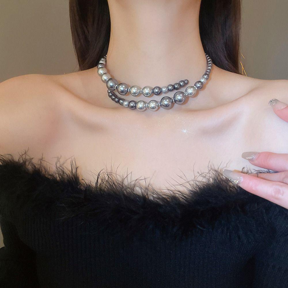 Retro Clavicle Chain Grey Choker Europe America Style Glass Pearl Openning Necklace  Birthday