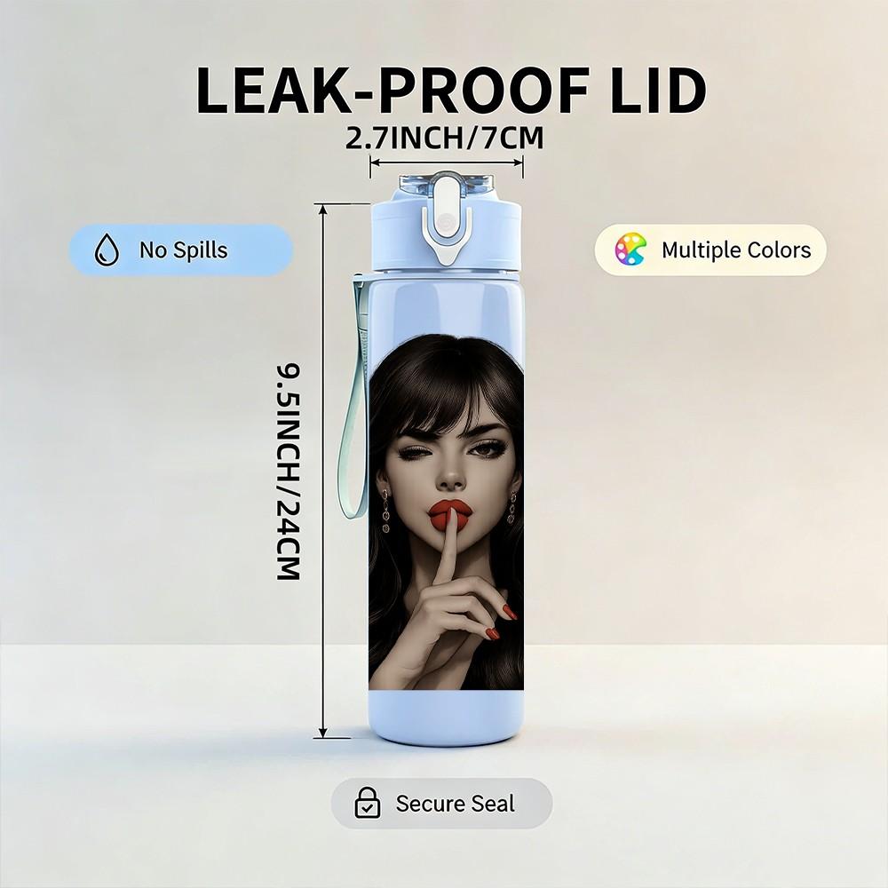 1PC Dark Haired Lady Quiet Portrait 750ml Color Plastic Sports Water Bottle Leakproof Flip Straw Lid For Sports Office Home Use