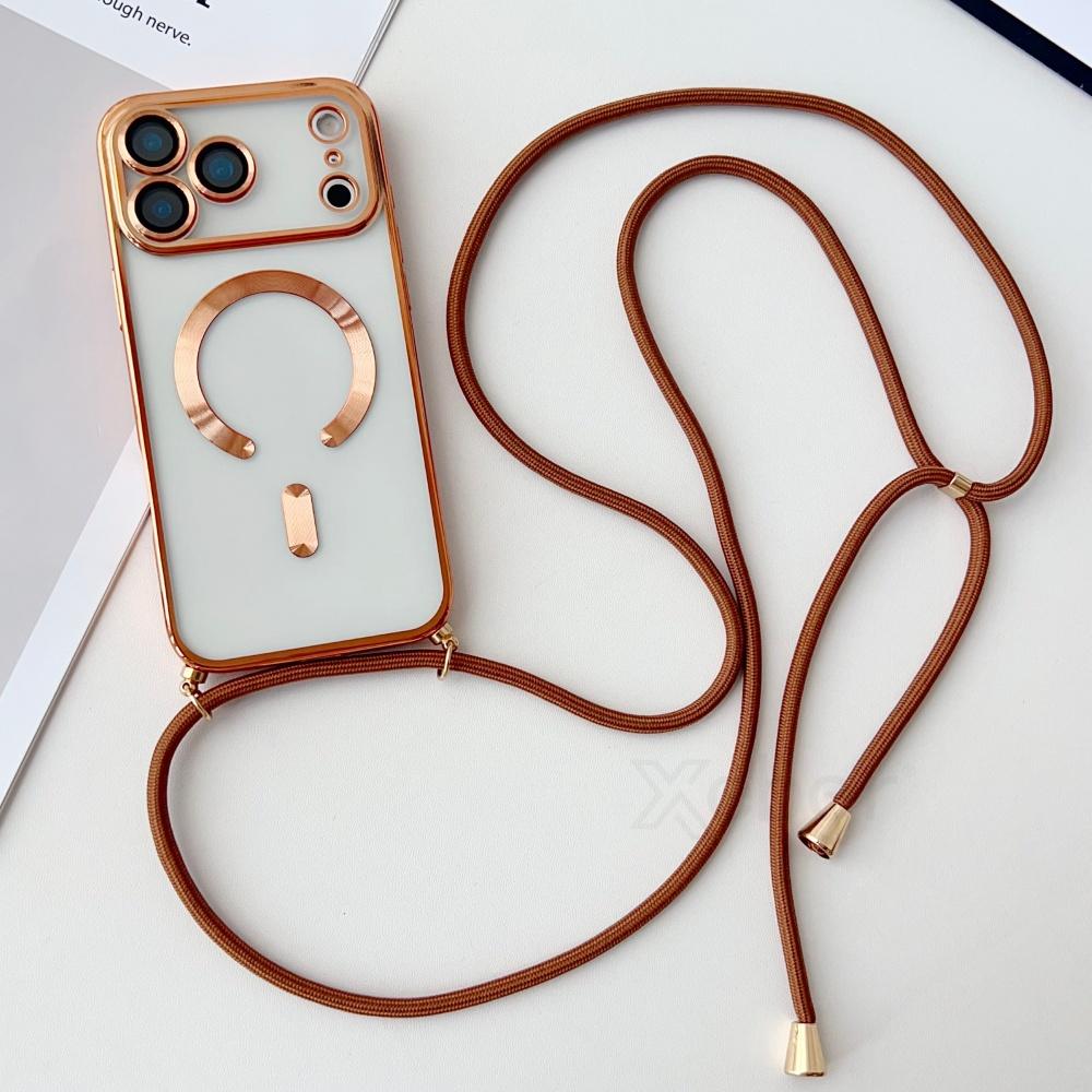 Crossbody Necklace Lanyard Plating Magnetic Case For iPhone 17 Pro Max 16 15 13 12 14 Plus Clear For Magsafe Soft Silicone Cover