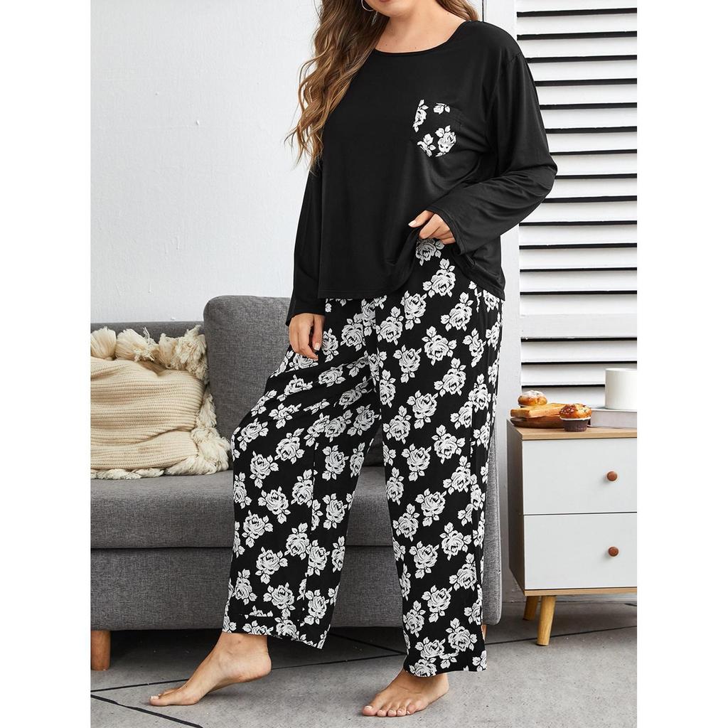 European and American large-size pajamas for women's autumn and winter 50kg fat mm loose long-sleeved trousers loungewear two-piece set
