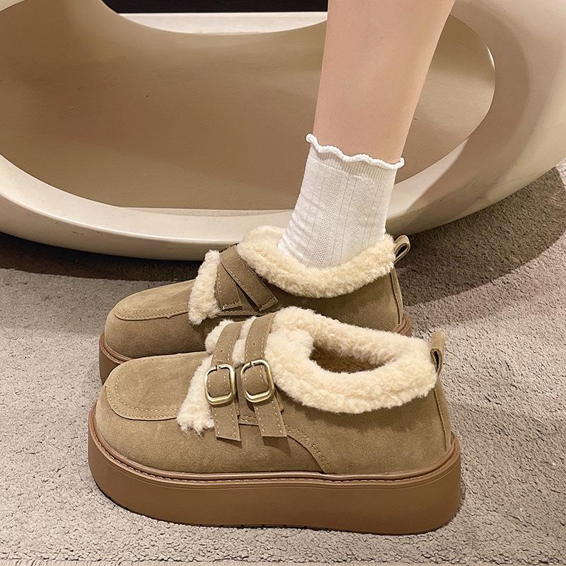 Women's thick-soled winter fur one belt buckle lightweight warm anti-cold padded snow boots non-slip wear casual sneakers cotton boots Le Fu shoes