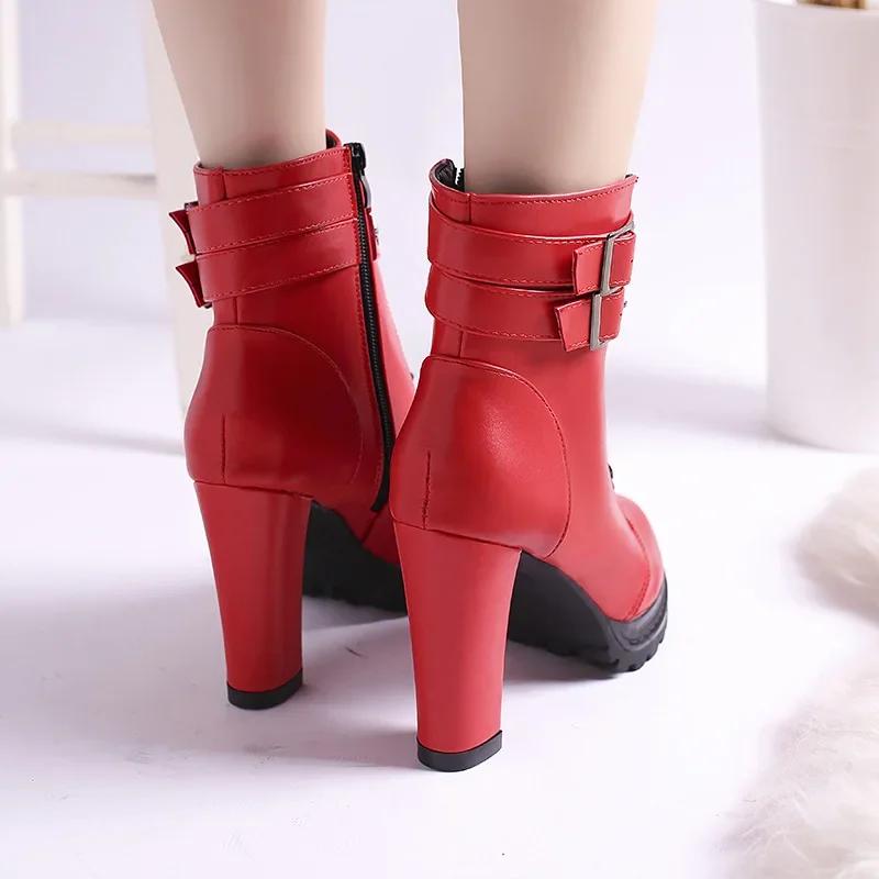 Women Autumn Ankle Boots Sexy Office High Heels Platform Boots Round Toe Leather Booties Black Pumps Ladies Party Shoes New 2024