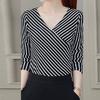 Modische Bluse für Damen, langärmelig, unregelmäßiges Hemd mit Streifenhemd mit V-Ausschnitt