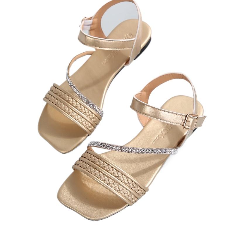 2024 New Summer Women's Shoes Solid Color Open Toe Low Heel Fashion Rhinestone Decorated One-line Buckle Women's Sandals
