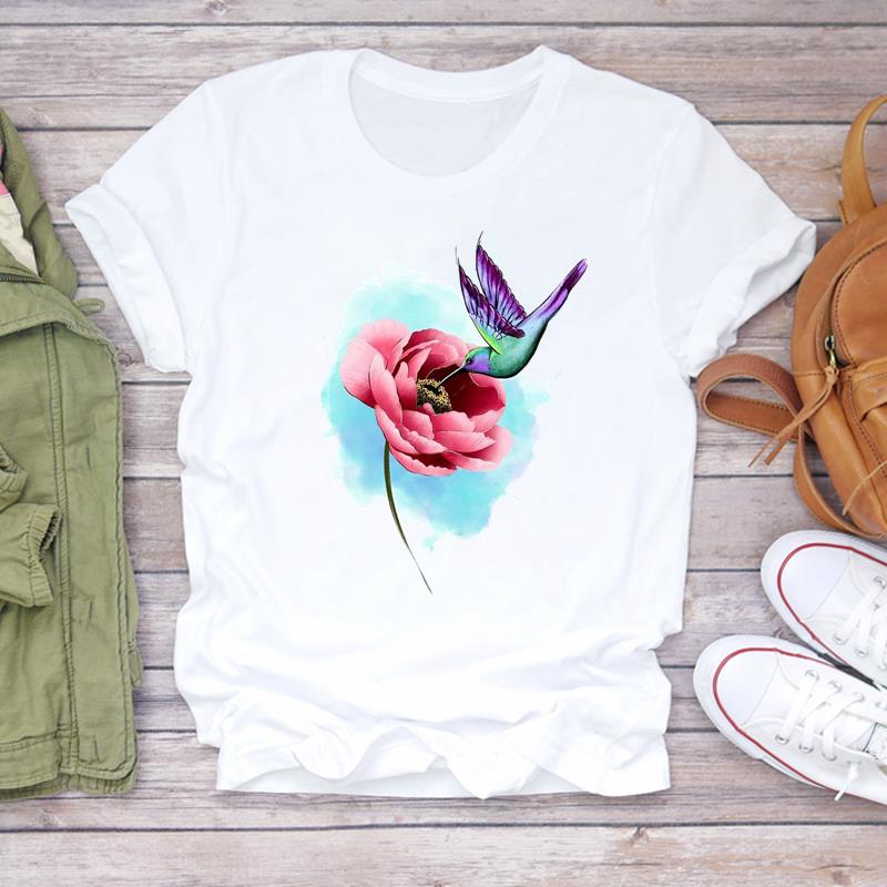 (European Size) 90s Tee Top Clothing Flower Watercolor Trend Cute Casual Short Sleeve Fashion T-shirt Women Print Lady Female Graphic T-shirt