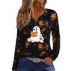 Women's Casual Long Sleeve T-Shirt with Halloween Print V-Neck and Button