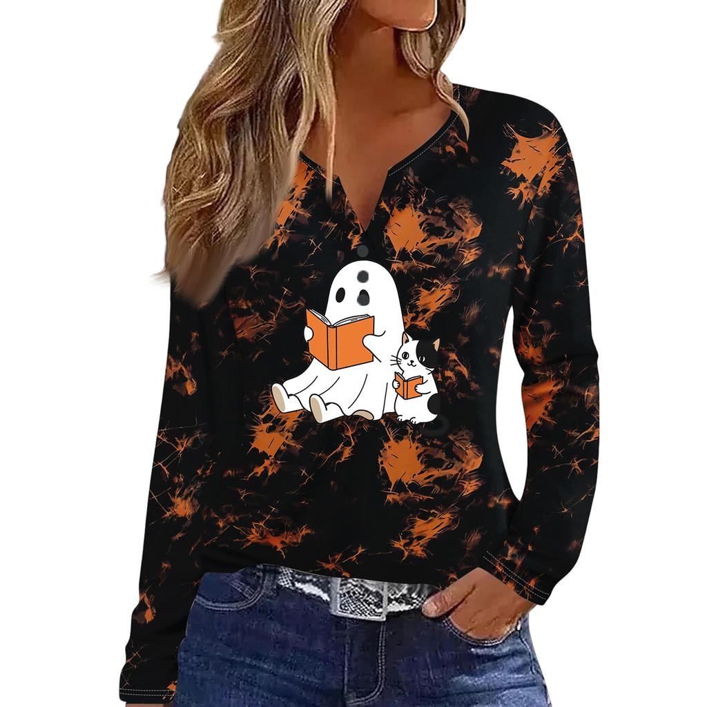 Women's Casual Long Sleeve T-Shirt with Halloween Print V-Neck and Button